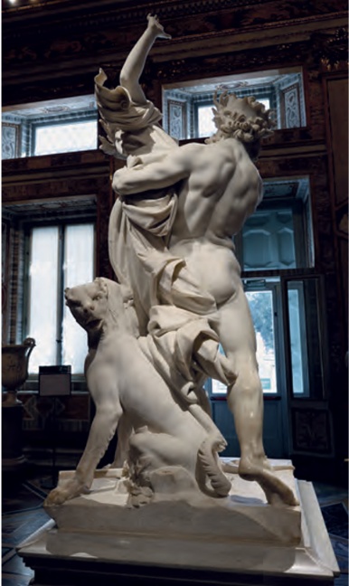 Weiße Marmorstatue mit zwei Figuren und Hund in prunkvollem Museumsraum,  Gianlorenzo Bernini: Pluto entführt Proserpina, Skulptur